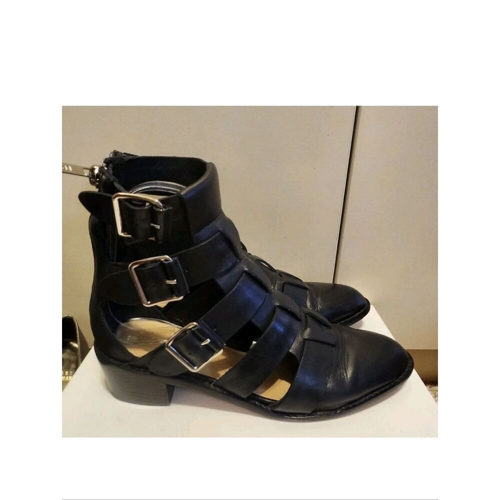 Loeffler Randall "Yara" Black Leather 3 Buckle Gladiator Style Booties Sz.7 $440